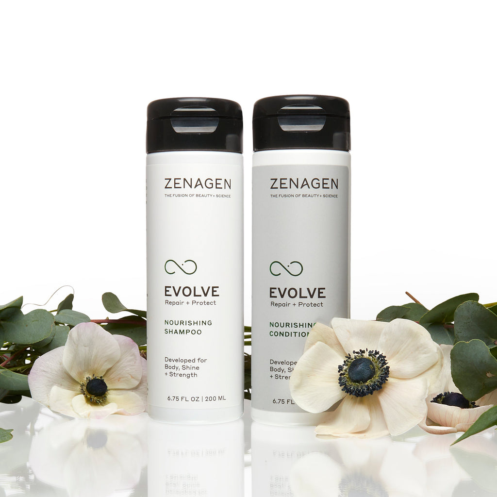 Zenagen Evolve Shampoo hair Repair Treatment and hair Repair Conditioner black bottles on risers